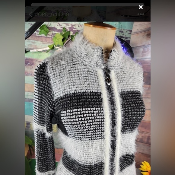 ALISON SHERI fuzzy zip-up jacket / cardigan, B&W & silver - Picture 5 of 7